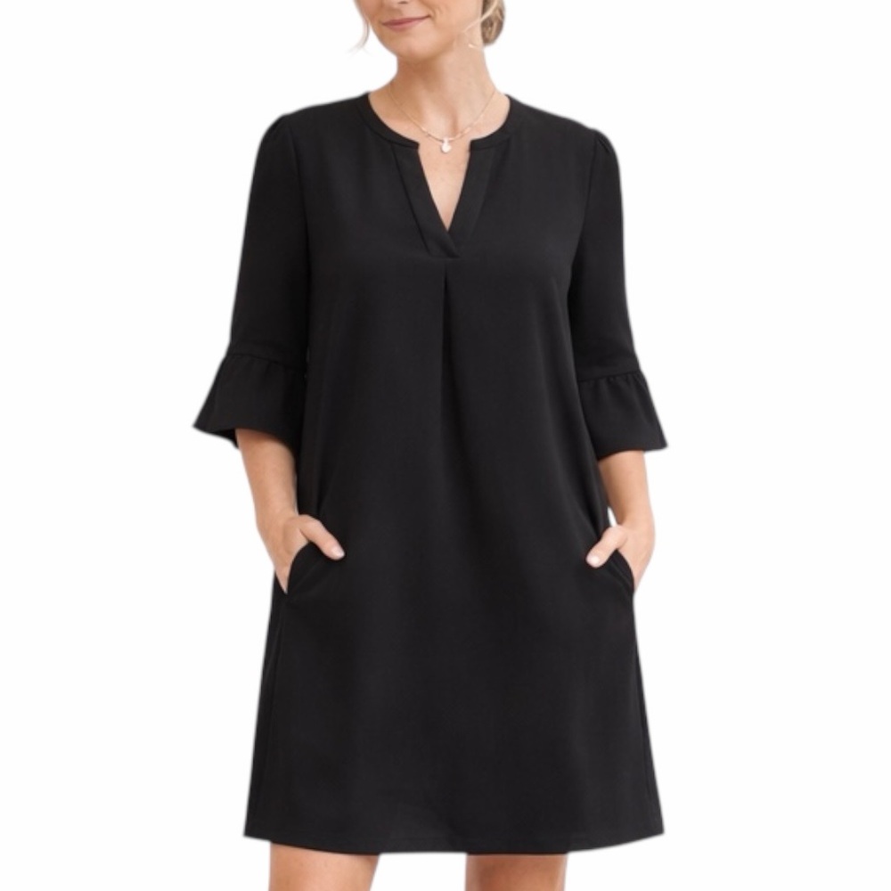 TU-LX Taylor Relaxed Shift Dress Black Ruffle Sleeve V-Neck, Black NWT